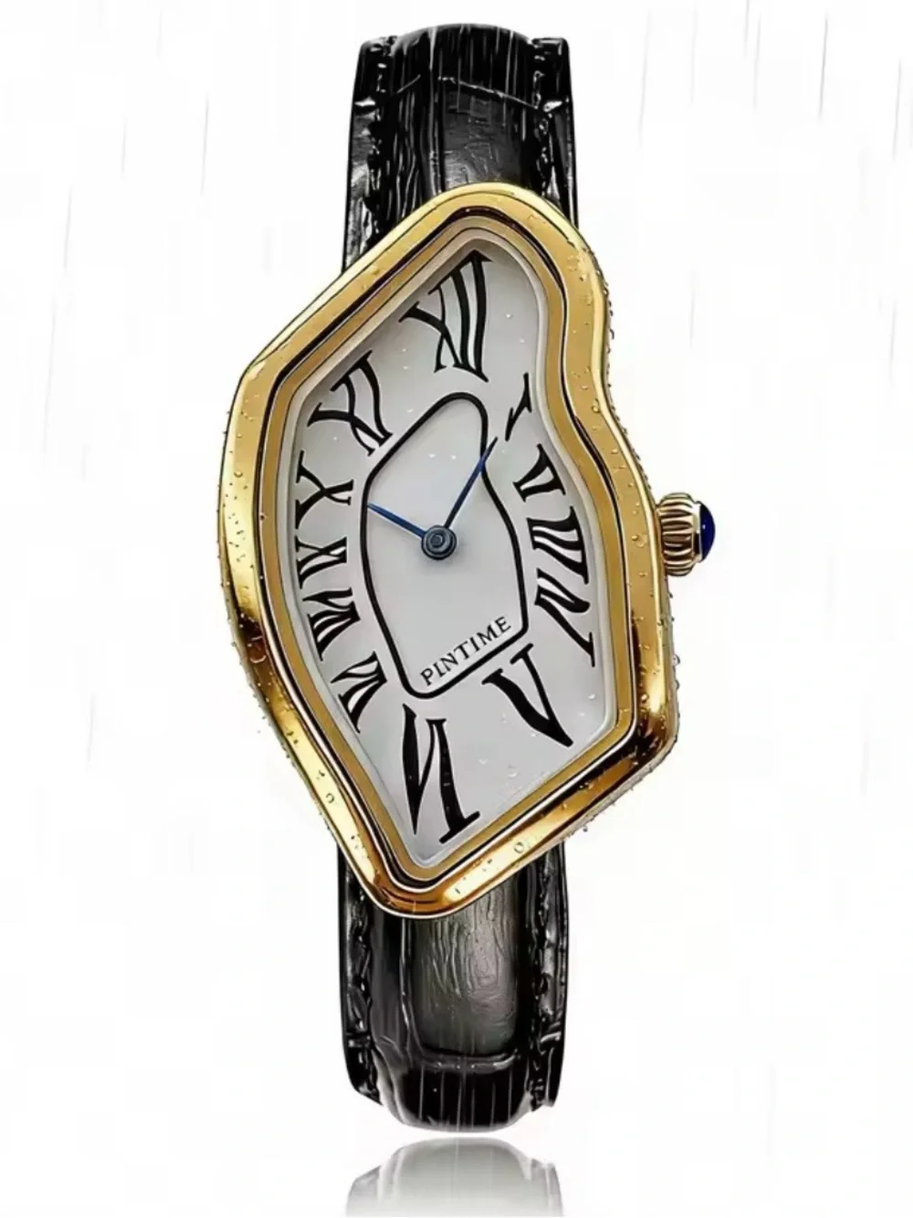 New unisex Pintime Gold-Tone Irregular Dial Watch with Black Strap